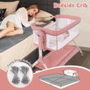 Height Adjustable Bedside Sleeper with Storage Bag and Soft Mattress for Baby-Pink