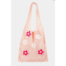 Hippie Boho Knitted Flower Tote | Floral Print Soft Shoulder Bag in Groovy Pink