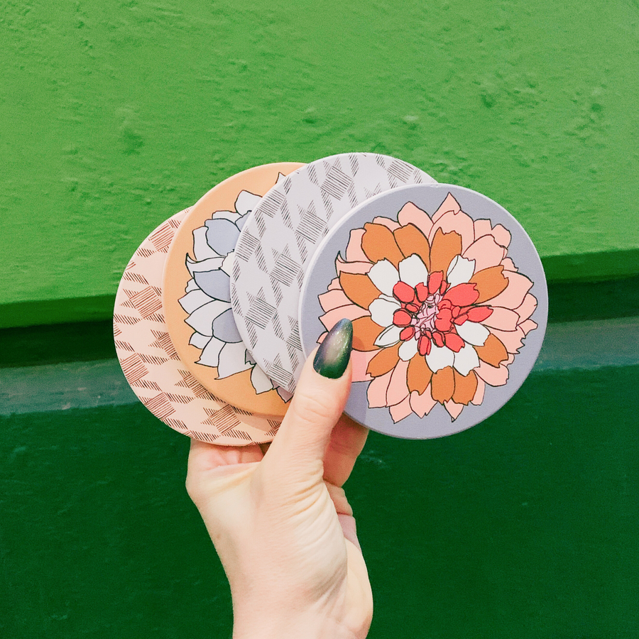 Houndstooth & Flower Ceramic Coaster Set of 4