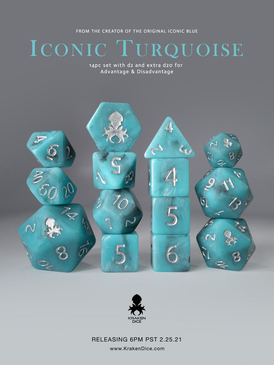 14 pc Iconic Turquoise Polyhedral Dice Set with Silver Ink