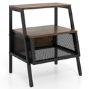 Industrial Nightstand 3-Tier End Table with 2 Open Shelves and Metal Mesh Compartment-Rustic Brown