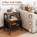 Industrial Nightstand 3-Tier End Table with 2 Open Shelves and Metal Mesh Compartment-Rustic Brown