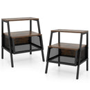 Industrial Nightstand 3-Tier End Table Set of 2 with 2 Open Shelves and Metal Mesh Compartment-Rustic Brown