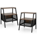 Industrial Nightstand 3-Tier End Table Set of 2 with 2 Open Shelves and Metal Mesh Compartment-Rustic Brown