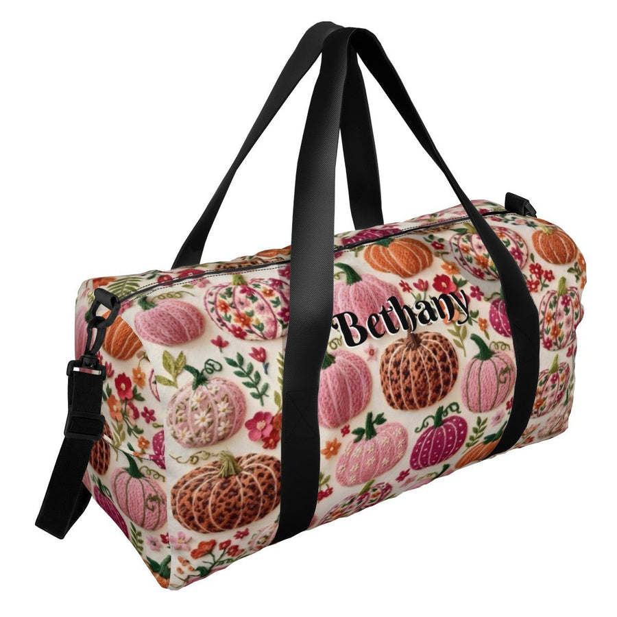 Personalized Floral Pumpkin Duffel Bag with Custom Name – Fall Travel, Gym & Weekend Bag