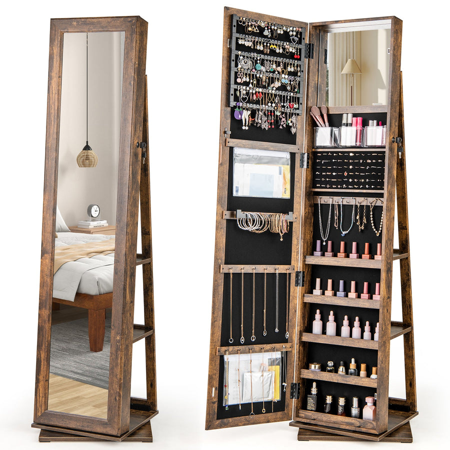 360¬∞ Swivel Jewelry Armoire Standing Jewelry Organizer with Full Length Mirror and Back Shelves