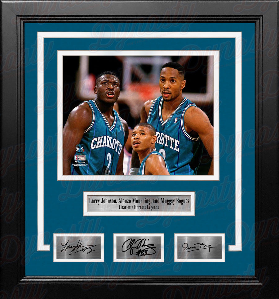 Larry Johnson, Alonzo Mourning, Muggsy Bogues Hornets 8x10 Framed Photo with Engraved Autographs