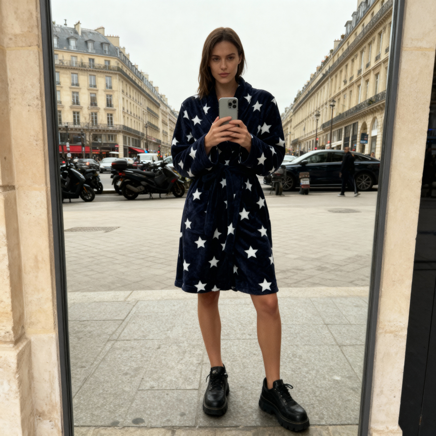 Kaylee Robe Navy & White Star Print | Giftable Luxurious Ultra Soft [Size L/XL Only]