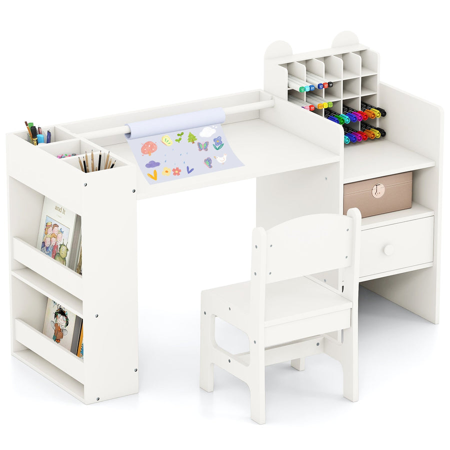 Kids Art Table and Chair Set with Detachable Paper Roll Holder and Cabinet
