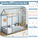 Twin Size Kids House Bed Wooden Floor Bed with Roof and Full-length Safety Guardrail