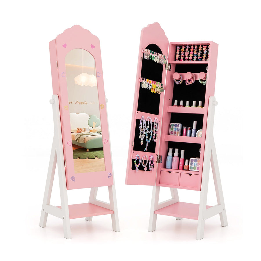 Kids Jewelry Organizer with Full Length Mirror Drawers and Storage Shelves-White