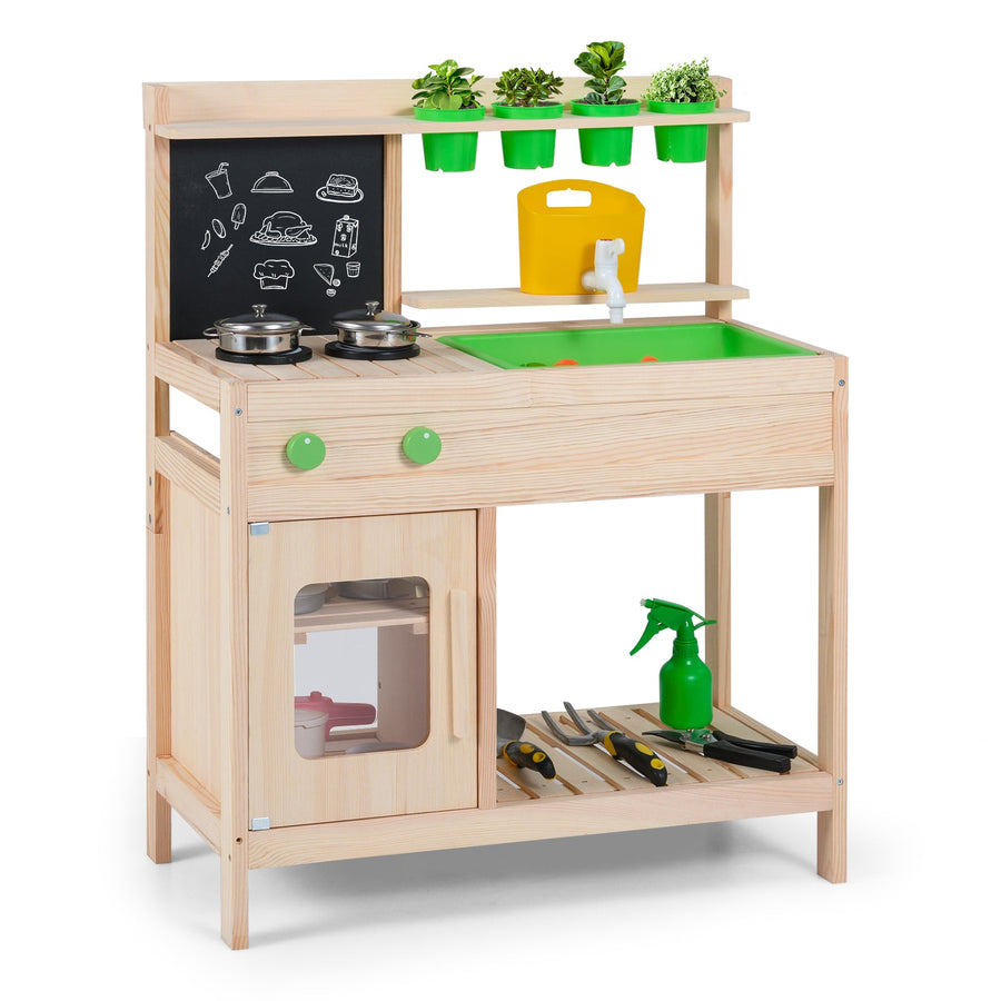 Kids Mud Kitchen Play Pretend Kitchen with Chalkboard for Kids Aged 3+