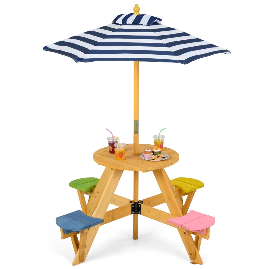 Kids Picnic Table with Stools and Foldable Adjustable Umbrella for Backyard and Patio