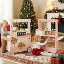 Kids Pizza Food Truck Wooden Pretend Play Snack Cart with Oven-Pink
