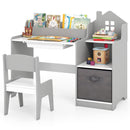 Kids Study Desk and Chair Set with Open Shelves Drawer and Fabric Storage Bin-Natural