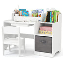Kids Study Desk and Chair Set with Open Shelves Drawer and Fabric Storage Bin-Natural