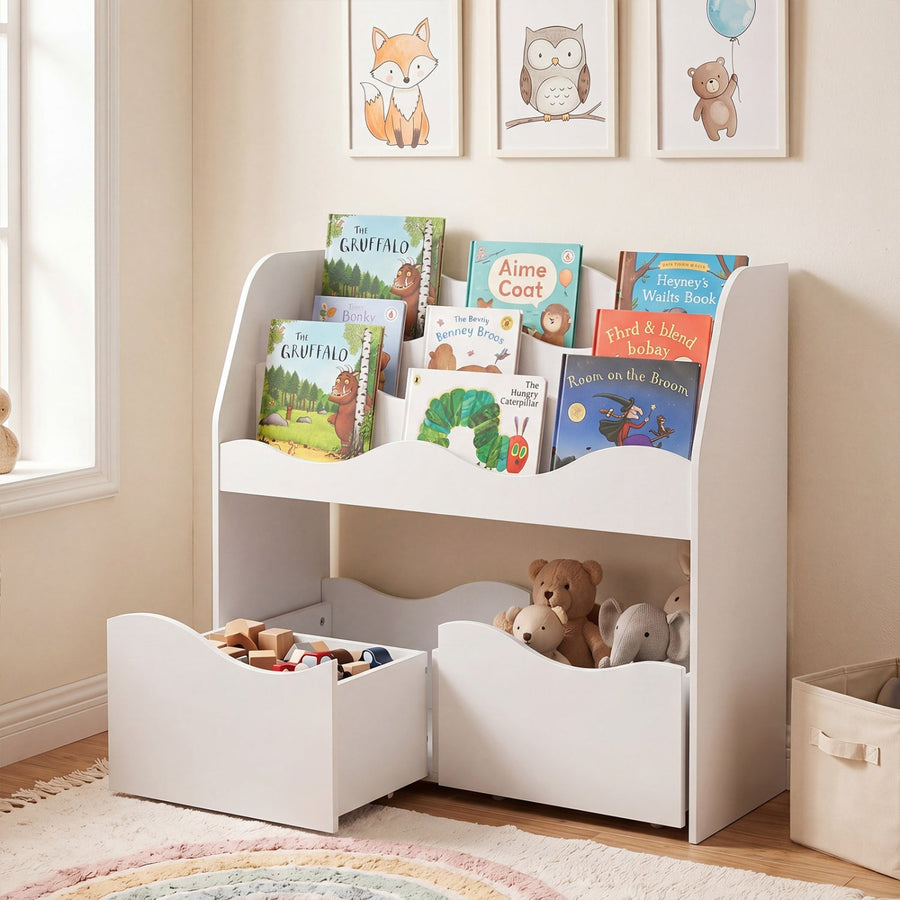 Kids Storage Organizer with Rolling Drawers and Bookshelf