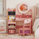 Kids Vanity Desk with Mirror and Lights Princess Pretend Play Dressing Table and Chair Set