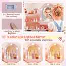 Kids Vanity Set Pretend Play Dressing Table Set with 3-Color Lighting Modes Adjustable Brightness and Mirror Cabinet