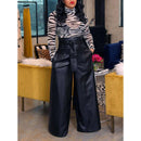 [Size 2X Remaining] Faux Leather High Waisted Wide Leg Belted Solid Color Zipper Pants Trousers in Black