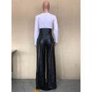 [Size 2X Remaining] Faux Leather High Waisted Wide Leg Belted Solid Color Zipper Pants Trousers in Black