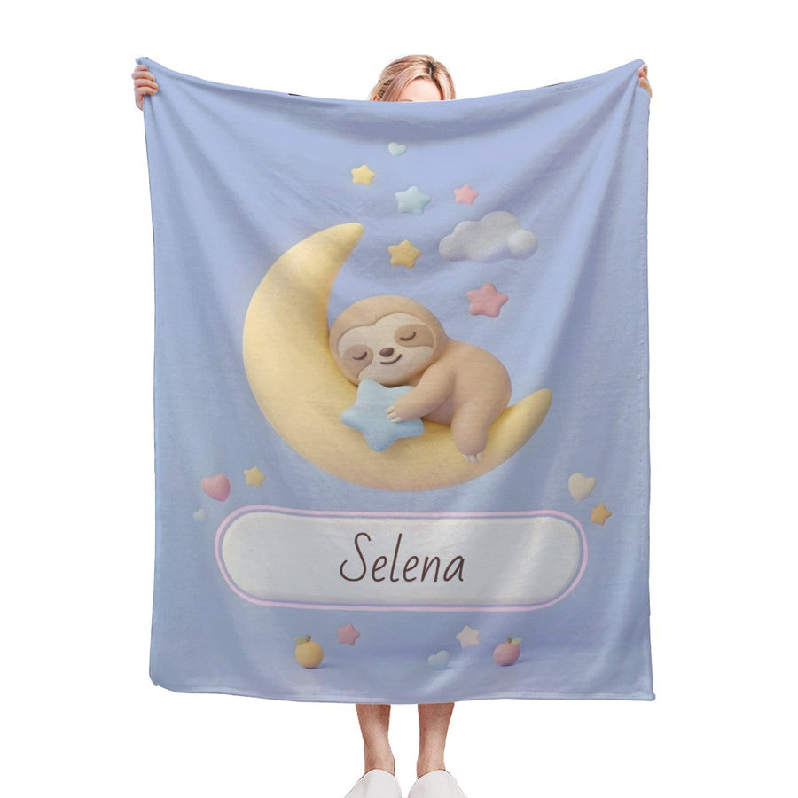 Personalized Sleeping Sloth Blanket | Custom Name | Crescent Moon Kawaii Flannel Throw Gift