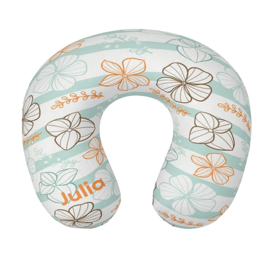 Personalized Floral Stripe Travel Neck Pillow with Name | Memory Foam, Detachable Washable Cover | Custom Gift for Women and Teens