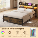 Queen LED Bed Frame with Power Outlets and Storage Headboard