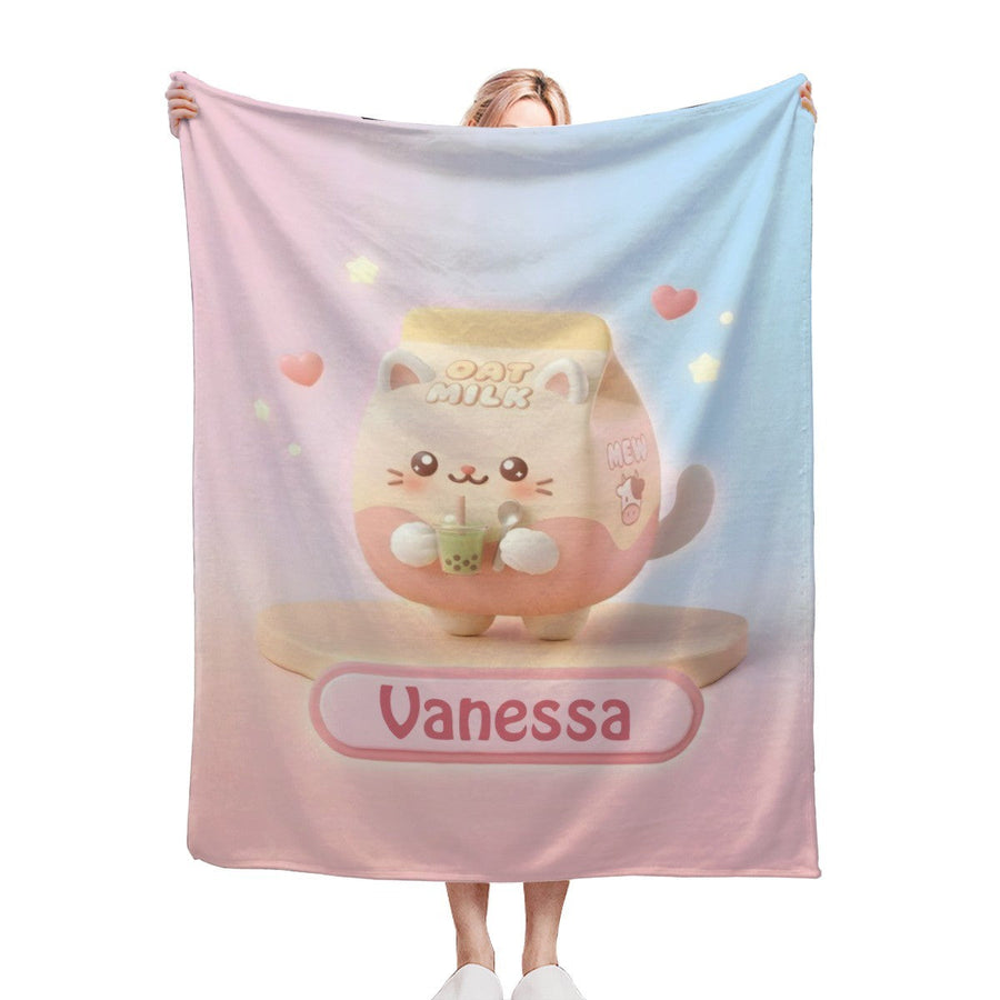 Personalized Kawaii Oat Milk Cat Blanket | Custom Name | Matcha Boba Cat