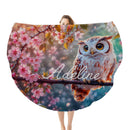 Personalized Owl Round Blanket with Name - White Owl on Cherry Blossom Branch with Custom Name in White Cursive - Owl Gift for Women