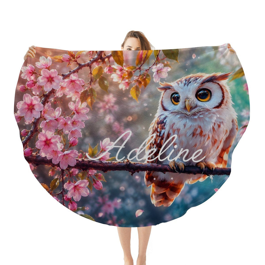 Personalized Owl Round Blanket with Name - White Owl on Cherry Blossom Branch with Custom Name in White Cursive - Owl Gift for Women