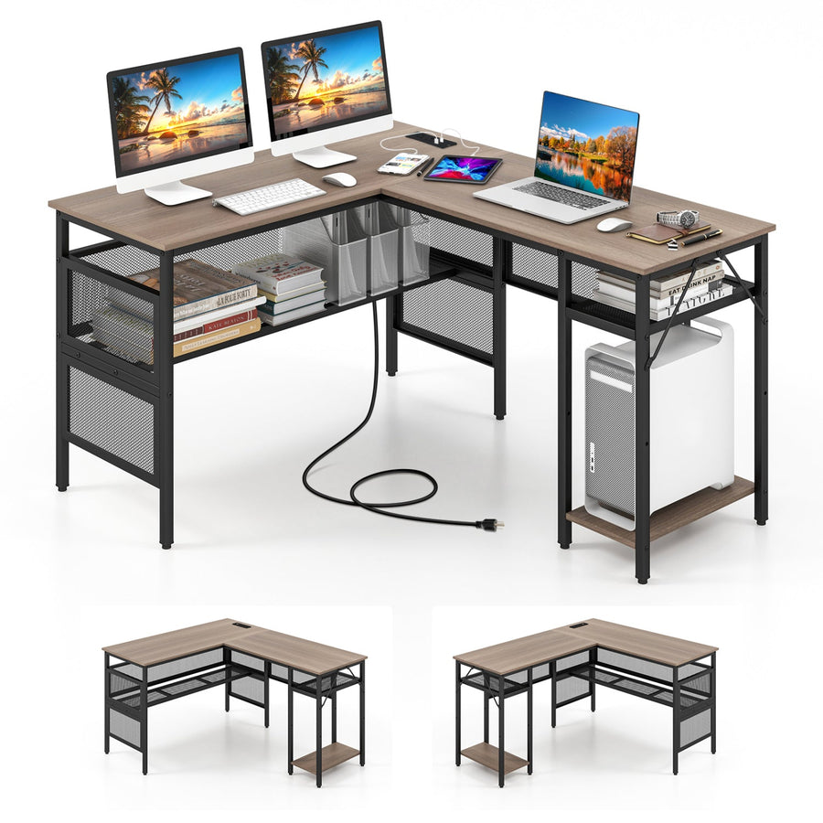 L-Shaped Computer Desk with Charging Station and Adjustable Shelf-Gray