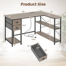 L Shaped Desk with Charging Station Corner Computer Desk with 2 Fabric Drawers