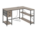 L Shaped Desk with Charging Station Corner Computer Desk with 2 Fabric Drawers