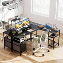 L Shaped Desk with Power Outlet Reversible Computer Desk with Monitor Stands
