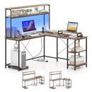 L-Shaped Reversible Gaming Desk with LED Strip and Power Outlets Hutch Monitor Stand