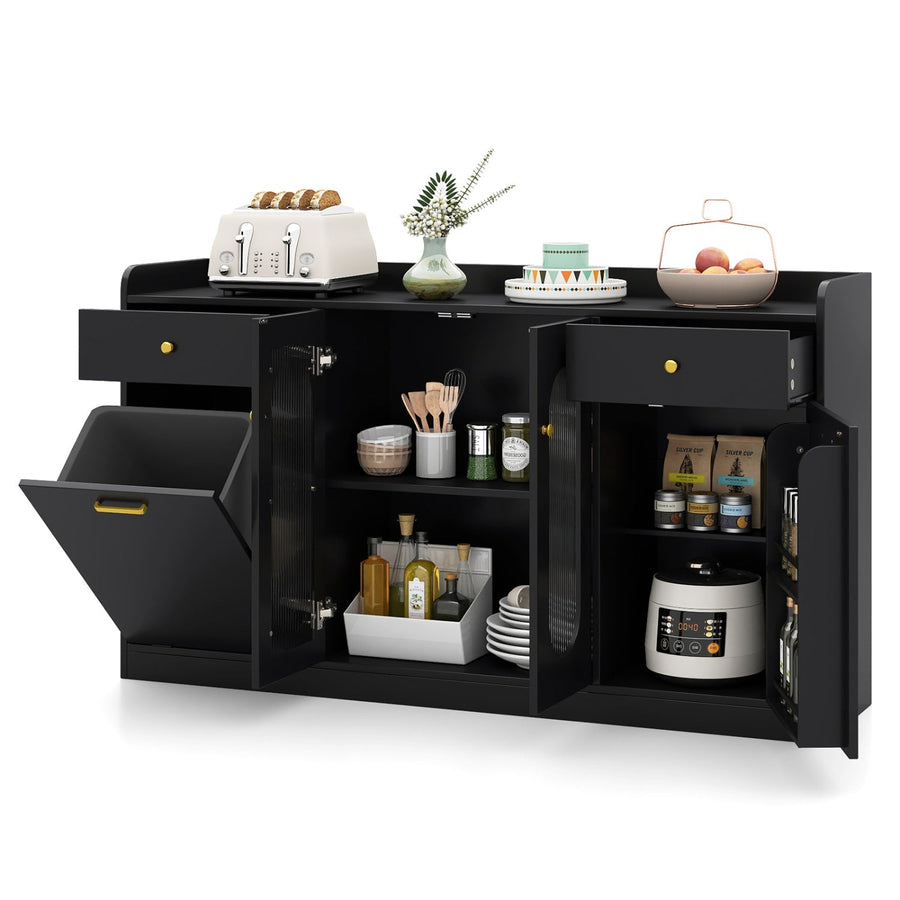 Large Buffet Cabinet Hidden Tilt Out Trash Can Cabinet with 2 Glass Doors