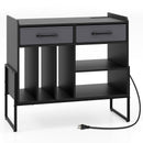 Large Record Player Stand with Charging Station Mid Century Modern Vinyl Storage Cabinet