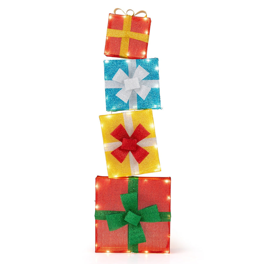 Lighted Gift Boxes Christmas Decoration 2D Set of 4 Pre-Lit Stacked Xmas Gift Boxes