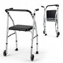 Lightweight Aluminum Mobility Walker for Seniors with 2 Wheels 5-Level Adjustable Height and Padded Seat