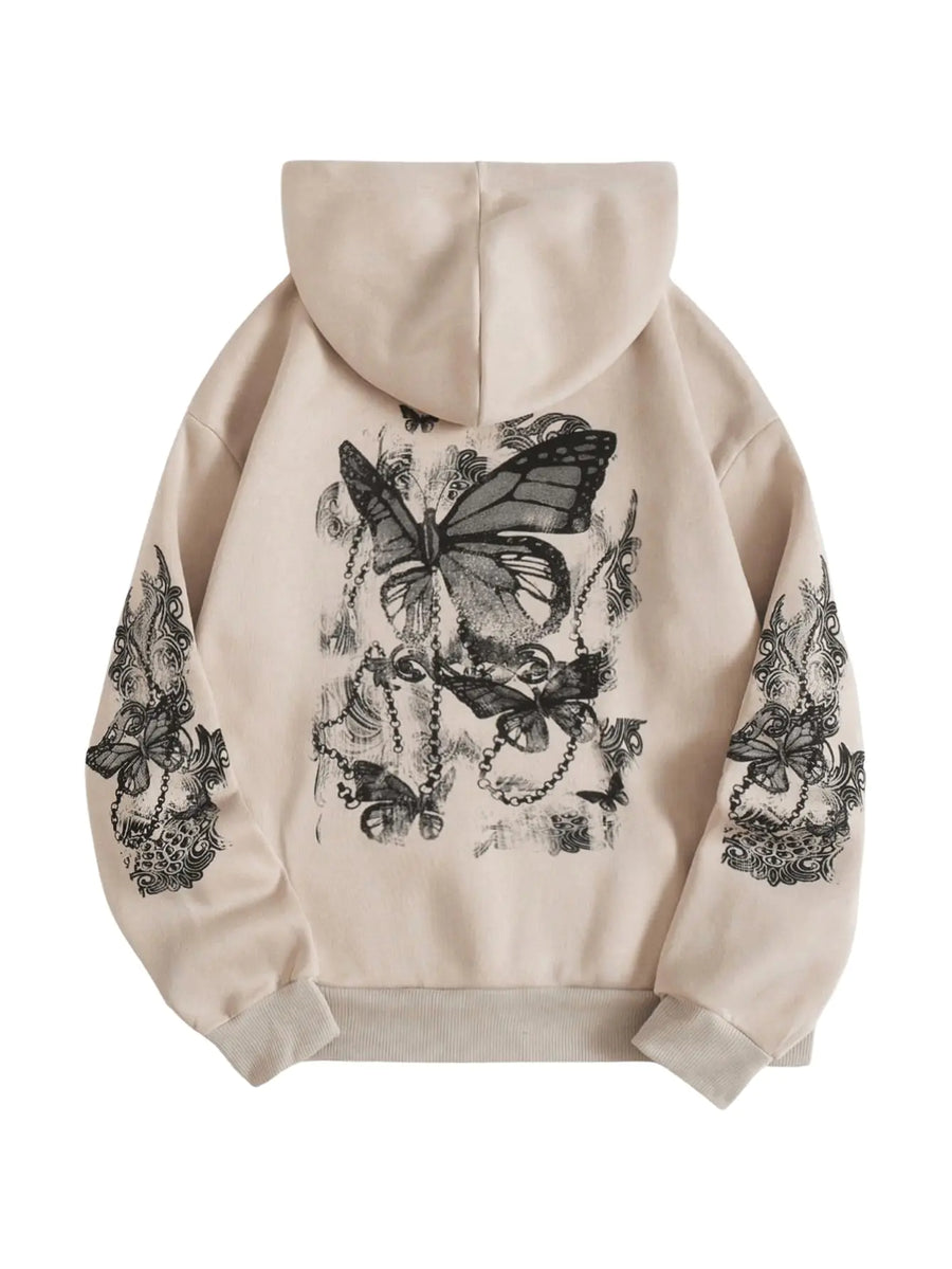Womens Graphic Hooded Sweatshirt Long Sleeve Drop Shoulder Pullover Hoodies with Pockets Apricot Medium