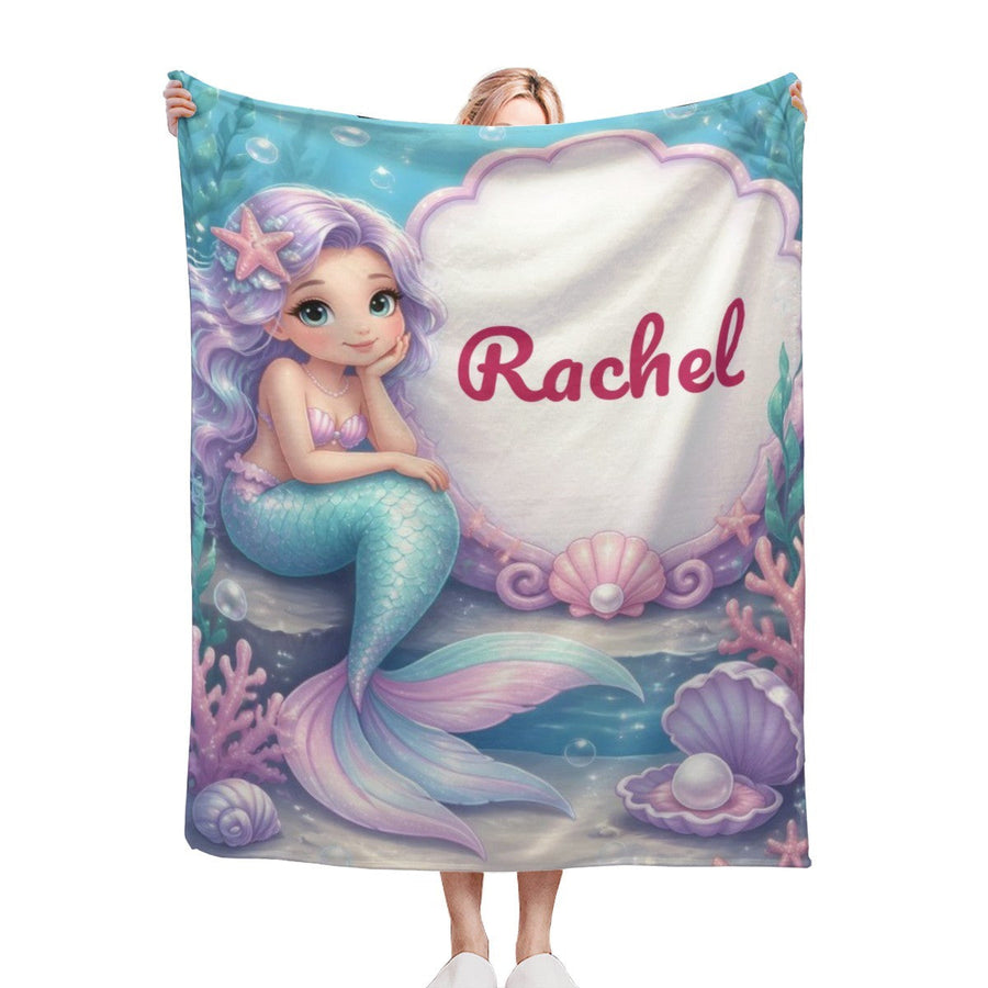 Personalized Mermaid Blanket with Name - Custom Purple Hair Mermaid and Clamshell Fleece Throw for Girls, Kids and Mermaid Lovers