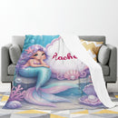 Personalized Mermaid Blanket with Name - Custom Purple Hair Mermaid and Clamshell Fleece Throw for Girls, Kids and Mermaid Lovers