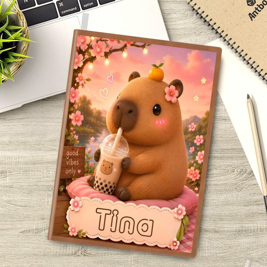 Personalized Capybara Journal with Name - Kawaii Capybara Boba Tea Cover on Soft PU A5 Notebook with Cream Lined Pages - Custom Gift for Teen Girls