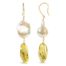 14K Yellow Gold Citrine and Baroque Pearl Drop and Dangle Earrings 1 3/4 Inch Dangle
