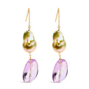 14K Yellow Gold Amethyst and Baroque Pearl Drop and Dangle Earrings 2" Inch Dangle Length