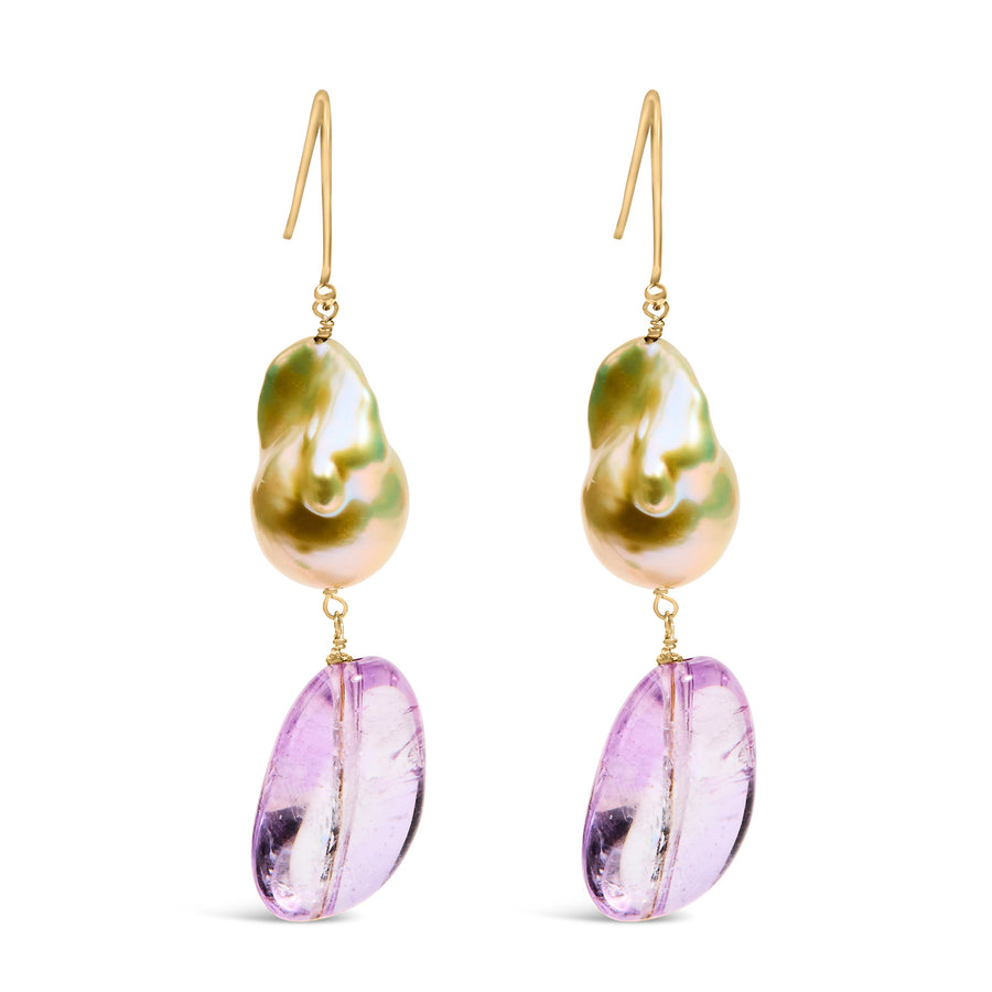 14K Yellow Gold Amethyst and Baroque Pearl Drop and Dangle Earrings 2