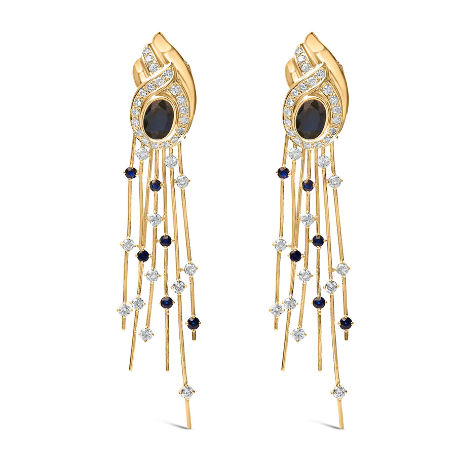 14K Yellow Gold 1.0 Cttw Diamond and Blue Sapphire Chandelier Earrings