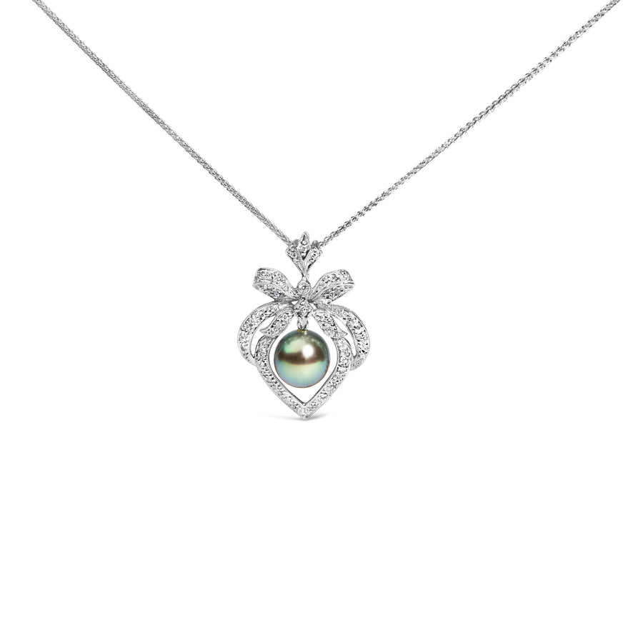 18K 3/4 Cttw Diamond and 12.5 MM Cultured Black Tahitian Pearl Heart Pendant Necklace (G-H Color, SI1-SI2 Clarity) - 18