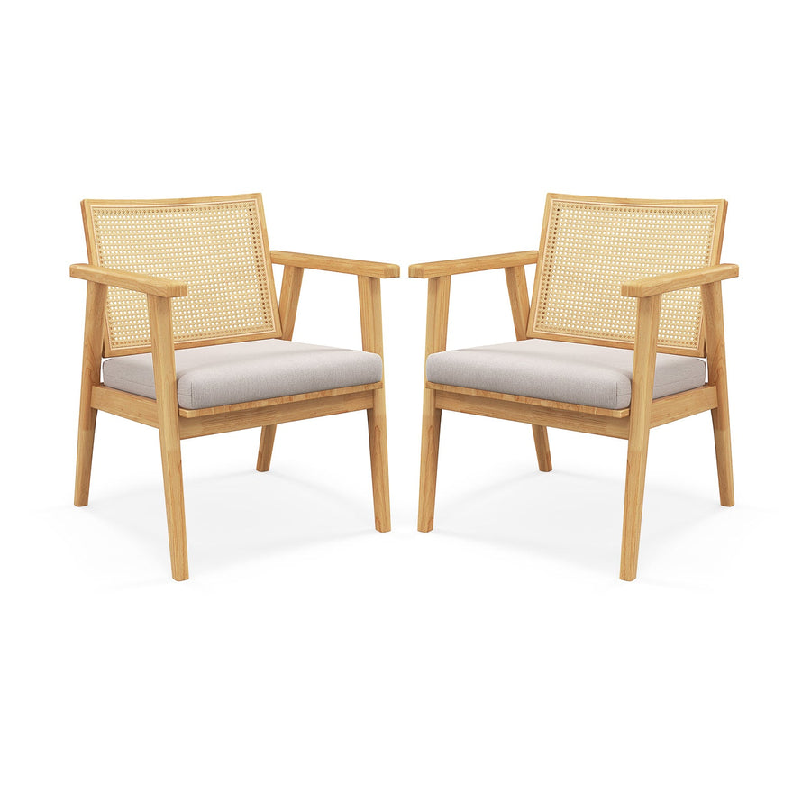 Mid Century Modern Accent Chairs Set of 2 with Breathable Rattan Back-Natural
